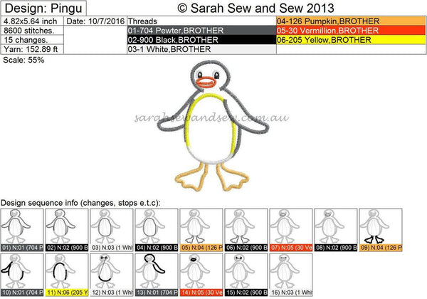 Pingu Embroidery Design - Sarah Sew and Sew