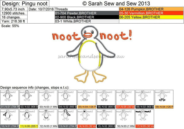 Pingu Noot Noot Embroidery Design - Sarah Sew and Sew