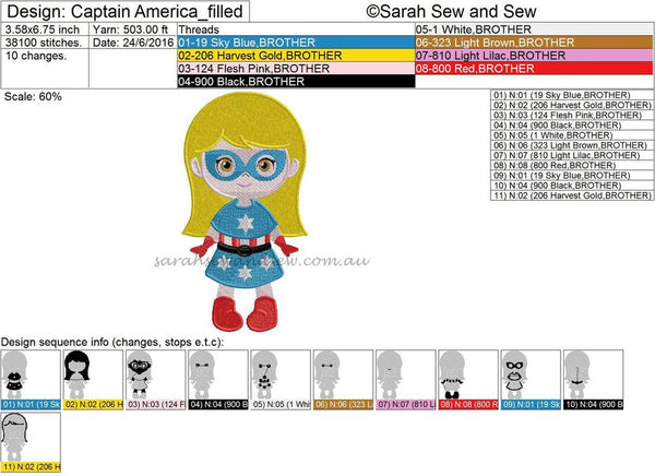 Captain America Girl Embroidery Design - Sarah Sew and Sew