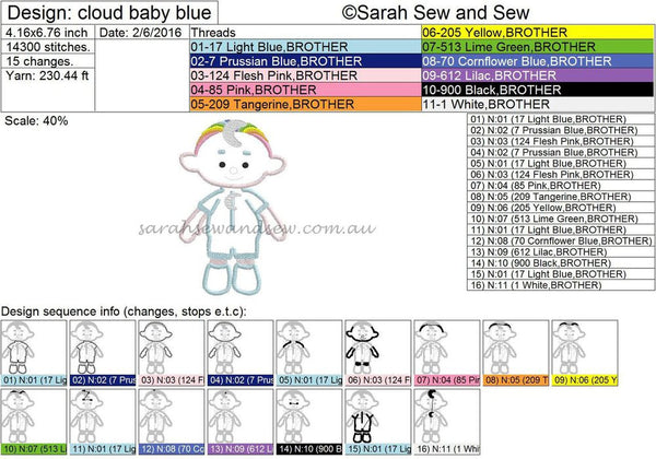 Cloud Babies Blue Embroidery Design - Sarah Sew and Sew