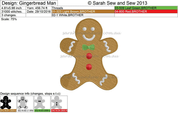 Gingerbread Man Christmas Embroidery Design - Sarah Sew and Sew