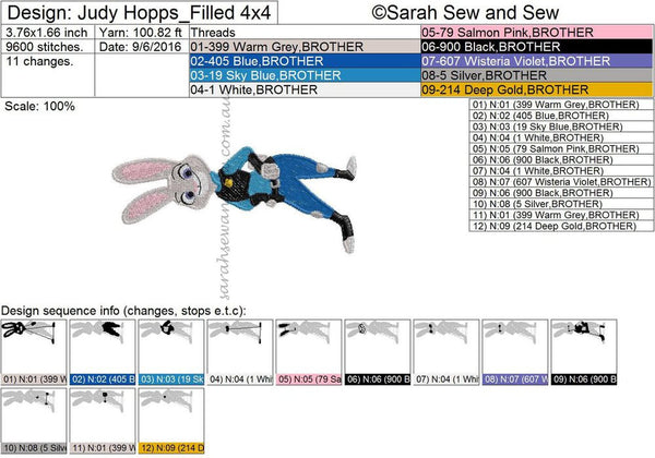 Judy Hopps Embroidery Design - Sarah Sew and Sew