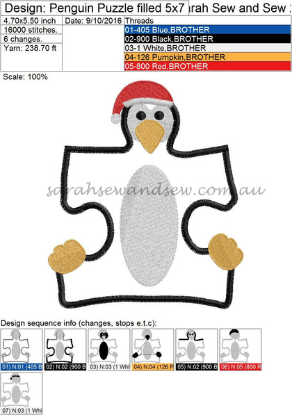 Penguin Puzzle Piece Embroidery Design - Sarah Sew and Sew
