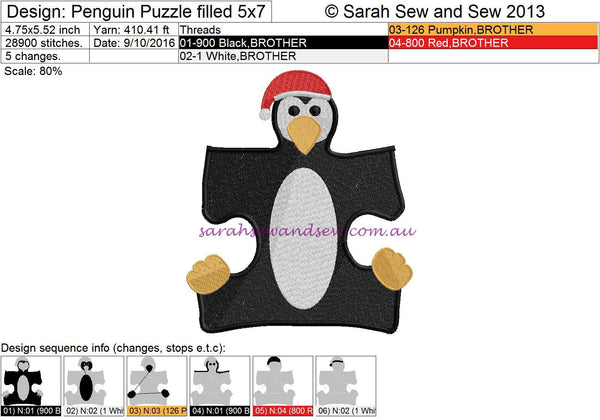 Penguin Puzzle Piece Embroidery Design - Sarah Sew and Sew