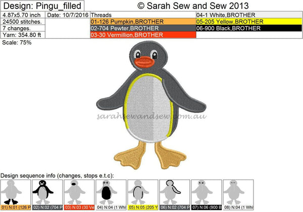 Pingu Embroidery Design - Sarah Sew and Sew