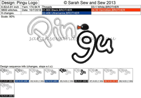 Pingu Logo Embroidery Design - Sarah Sew and Sew