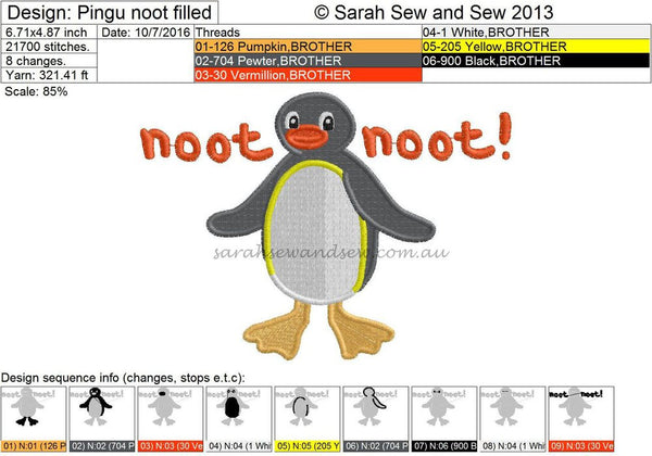 Pingu Noot Noot Embroidery Design - Sarah Sew and Sew