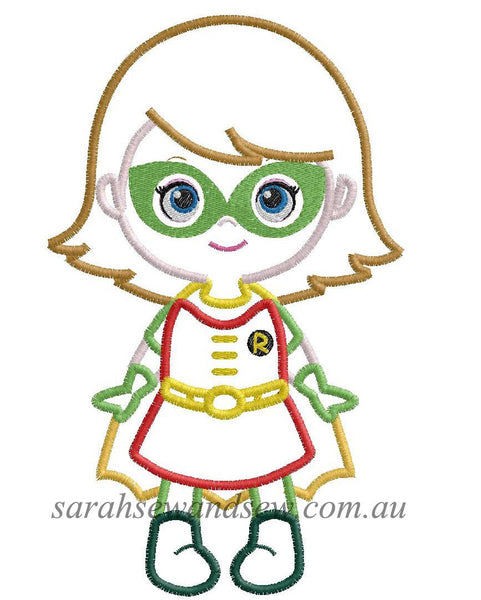 Robin Super Girl Super Hero Cutie Embroidery Design - Sarah Sew and Sew