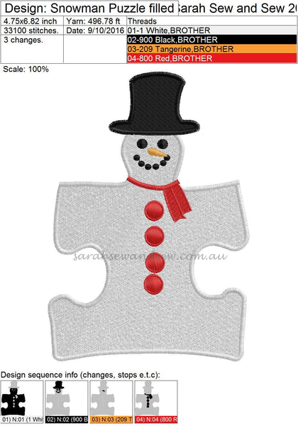 Snowman Puzzle Piece - Sarah Sew and Sew